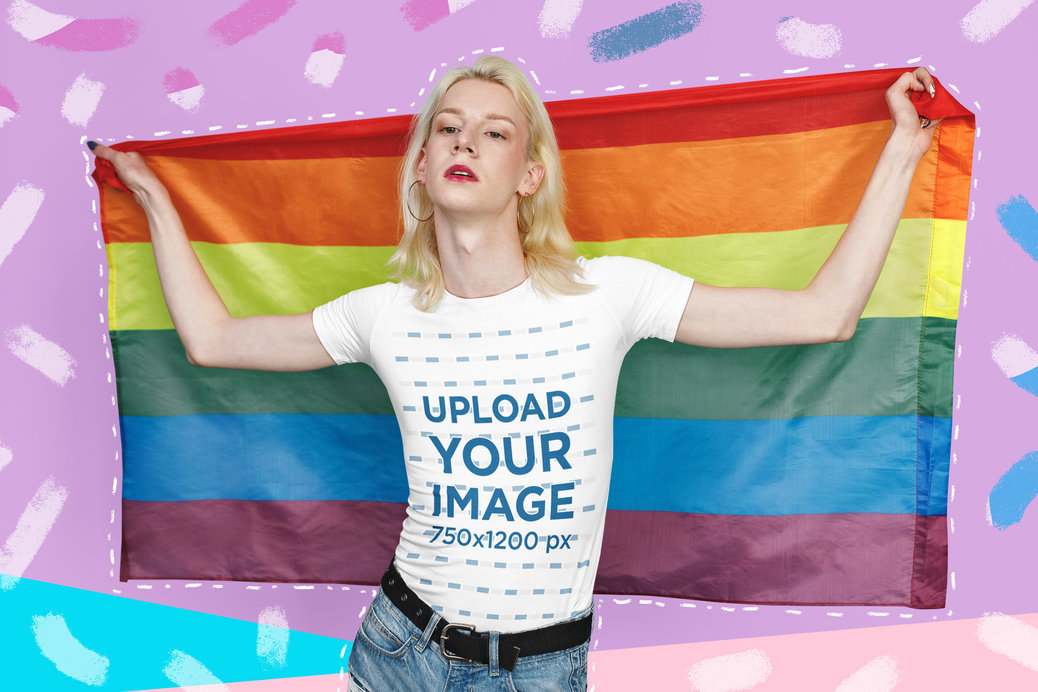 Placeit Round Neck Tee Mockup Of A Trans Model Holding A Gay Pride Flag