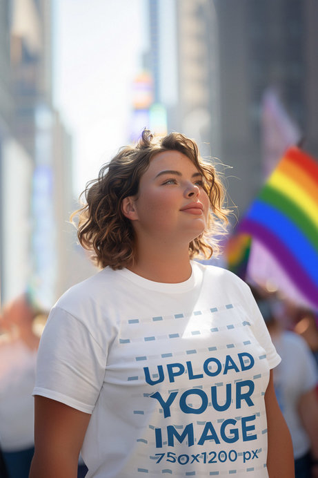 Placeit Ai Created Mockup Of A Woman Wearing A Round Neck Tee At A Gay Pride Parade