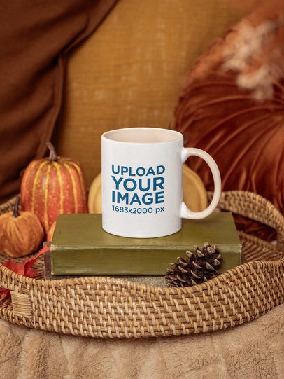 Coffee Mug Mockup Featuring a Cozy Fall-Themed Setting