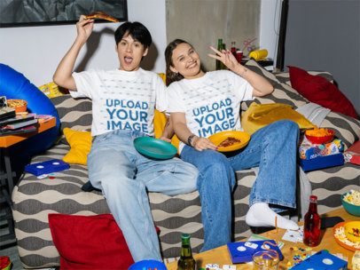 Comfort Colors T-Shirt Mockup of a Smiling Woman and a Man Eating Pizza on a Couch