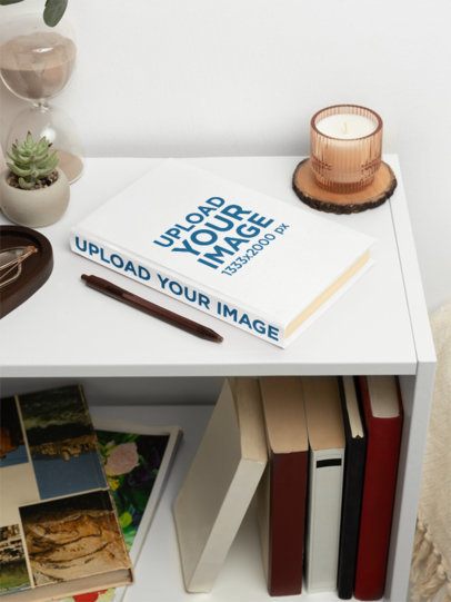 Mockup Featuring a Hardcover Book Lying on a Nightstand Next to a Pen and a Candle