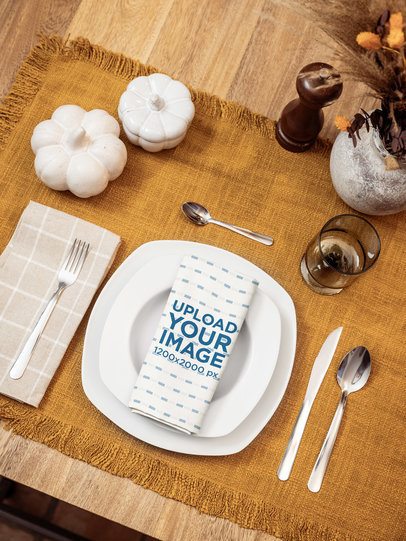 Kitchen Towel Mockup Featuring a Nice Fall-Themed Table Setting