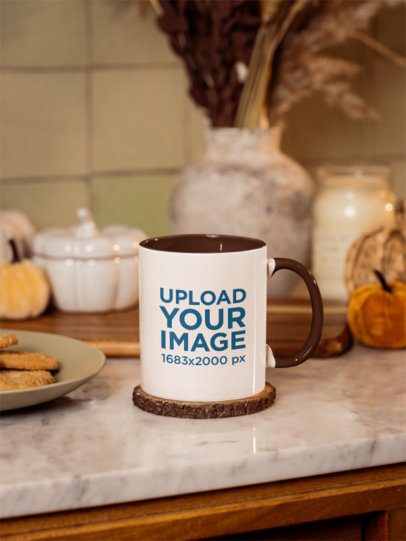 Mockup of a Sublimated Coffee Mug Placed on a Kitchen With Fall Decorations