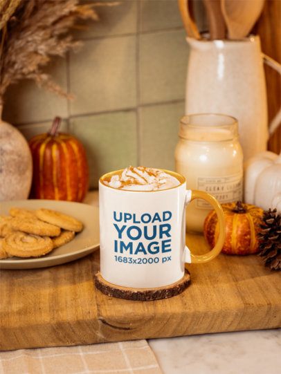 Fall-Themed Mockup Featuring a Mug Filled With a Hot Drink in a Kitchen Setting