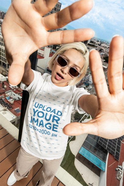 Comfort Colors 1717 Tee Mockup Featuring a Woman Standing on a Rooftop