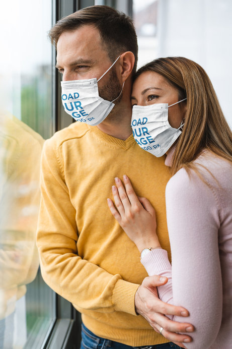 Face Mask Mockup of a Bearded Man and a Woman Looking Through a Window 