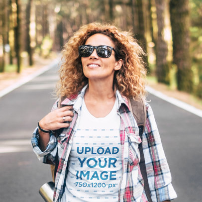 T-Shirt Mockup of a Curly-Haired Woman Traveling 45181-r-el2
