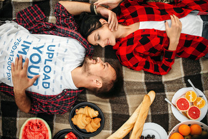 V-Neck T-Shirt Mockup of a Man Laying with His Girlfriend at a Picnic 37702-r-el2