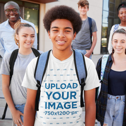 T-Shirt Mockup of a Curly-Haired Boy Posing With His Friends After School 