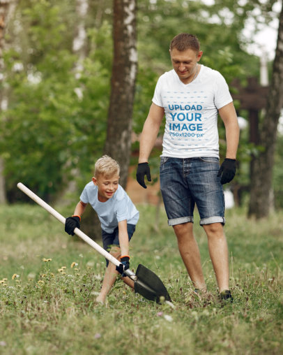 V-Neck T-Shirt Mockup Featuring a Father Gardening With His Son 37332-r-el2
