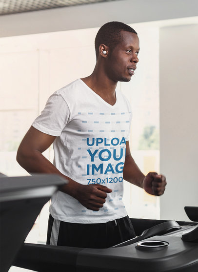 V-Neck T-Shirt Mockup Featuring a Man on a Treadmill