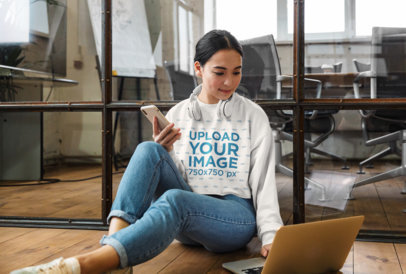 Sweatshirt Mockup of a Woman Sitting Outside a Conference Room M6885-r-el2