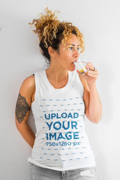 Sleeveless Shirt Mockup of a Tattooed Woman Drinking Water m6536 r-el2