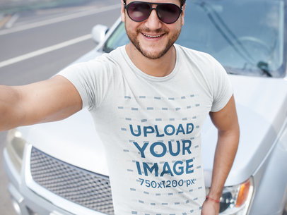 Smiling Middle Aged Dude Wearing a Tshirt Mockup While Near a Car