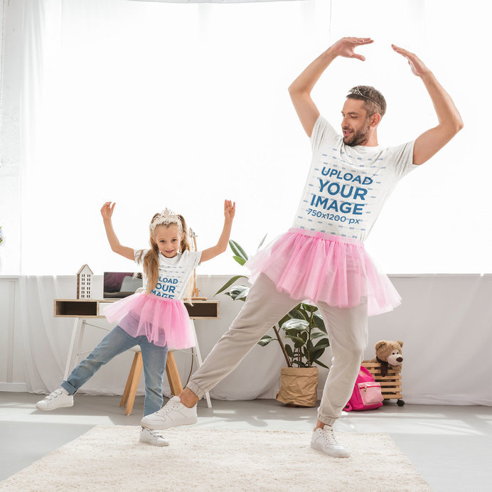 T-Shirt Mockup Featuring a Father and Daughter Dancing Ballet at Home