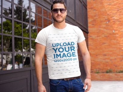 Serious White Guy Wearing Sunglasses and a Tshirt Template While Outdoors