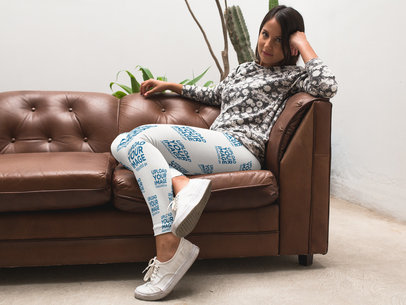Mockup of a Gorgeous Girl Wearing Leggings While on a Leather Sofa a15705