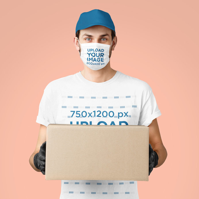 Mockup of a Delivery Man Wearing a Face Mask and a T-Shirt