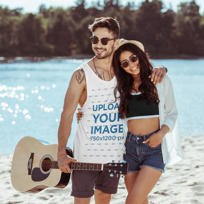 Tank Top Mockup of a Guitarist and His Girlfriend Standing by a Lake m5817-r-el2