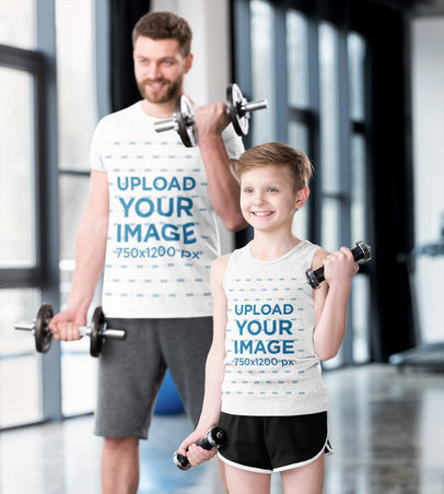 Heathered Tank Top and Tee Mockup Featuring a Smiling Boy Working out with His Dad