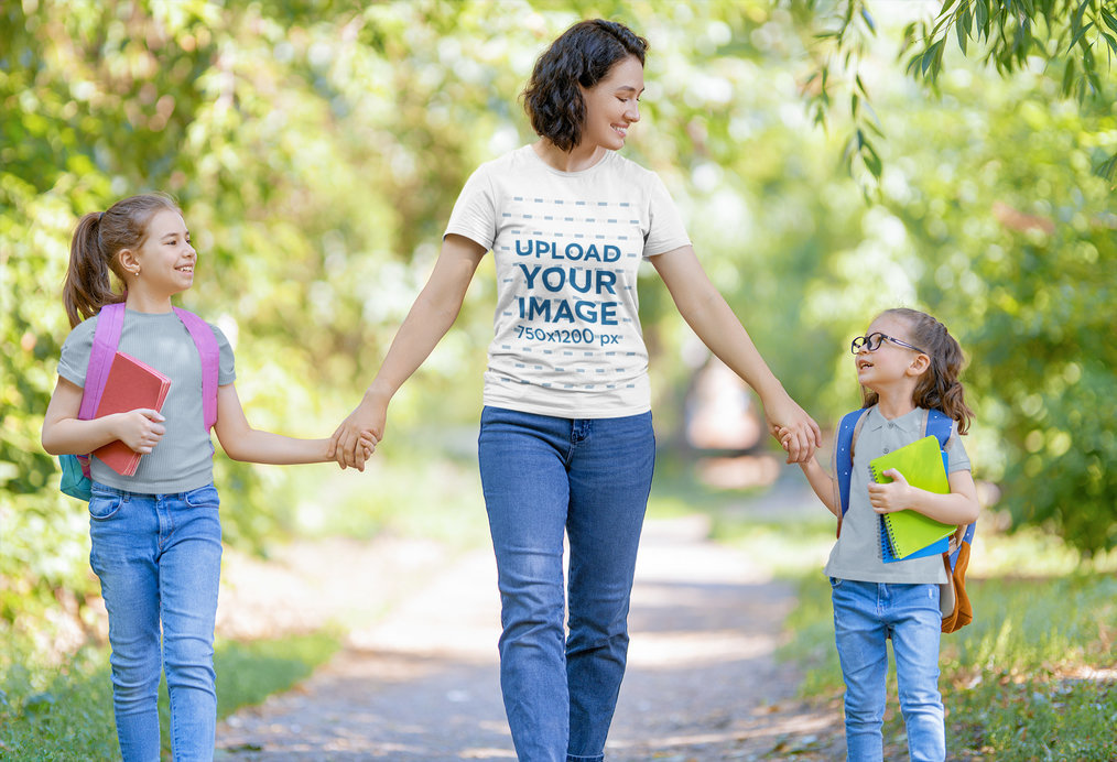 T-Shirt Mockup of a Happy Mom Taking Her Girls to School