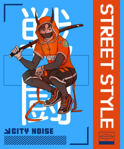 T-Shirt Design Template Featuring an Urban Samurai Inspired by Anime 3648d