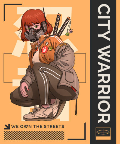 Anime-Inspired T-Shirt Design Template with a Female Urban Warrior Character 3648a