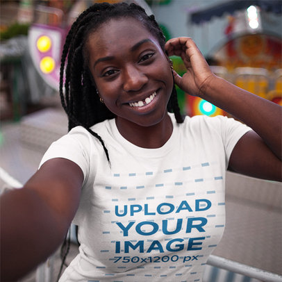 Happy Young Customer with Locs Wearing a T-Shirt Mockup While Taking a Selfie