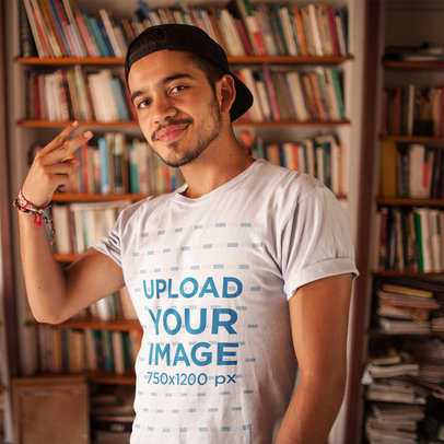 Young Dude Doing a Peace Sign While Wearing a Round Neck Tee Mockup