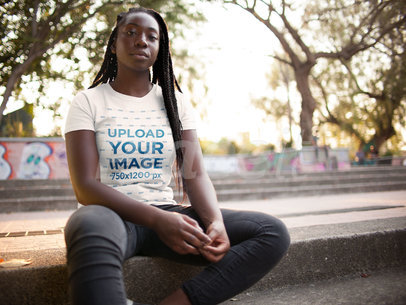 Young Woman with Locs Wearing a Tshirt Template While Sitting Down in the City