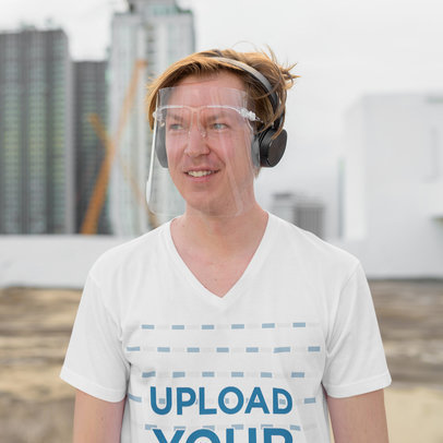 V-Neck Tee Mockup of a Man with a Face Shield 41667-r-el2