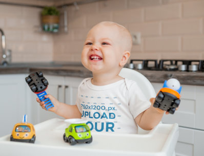 Onesie Mockup of a Baby Having Fun on His Chair m6230-r-el2