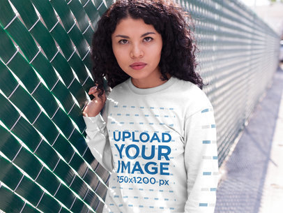Young Hispanic Woman Wearing a Long Sleeves Tshirt Template While Outdoors