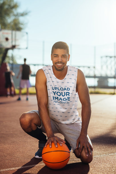 Tank Top Mockup Featuring a Happy Basketball Player Man Posing on the Court