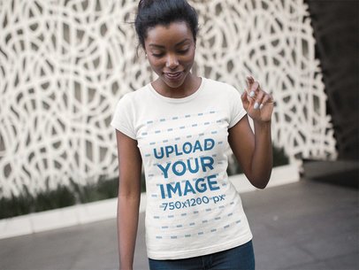 Beautiful Black Lady Wearing a Round Neck Tshirt Template While Walking