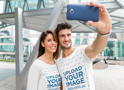 Round-Neck T-Shirt Mockup of a Couple Taking a Selfie 44851-r-el2