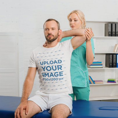 T-Shirt Mockup Featuring a Man Getting Checked by a Nurse