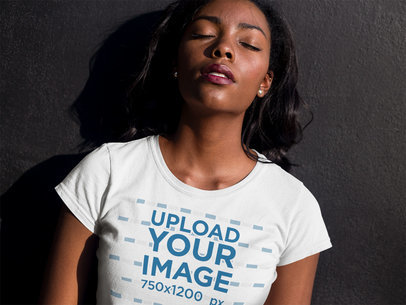 Closeup Mockup of a Beautiful Woman Wearing a Tshirt with her Eyes Closed