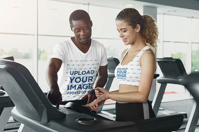 T-Shirt and Sports Bra Mockup of a Coach Helping out a Woman