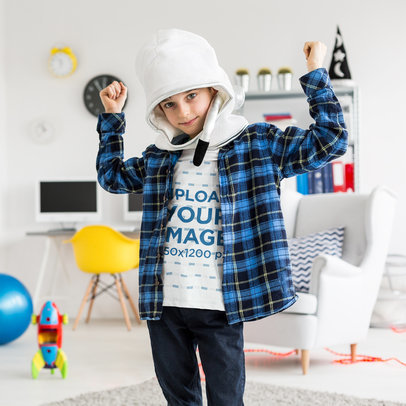 Round-Neck T-Shirt Mockup Featuring a Boy With an Astronaut Costume