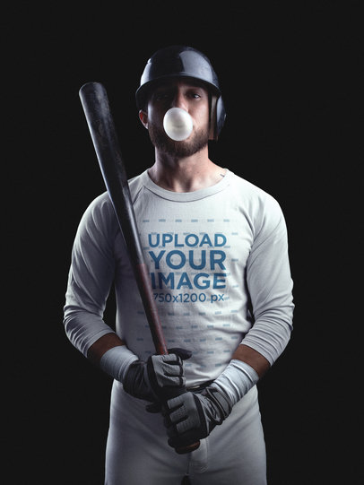 Custom Baseball Uniform Builder - Man with Bubblegum and Baseball Uniform Builder Standing Against a Black Background