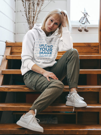 Hoodie Mockup Featuring a Woman Sitting on a Staircase m5267-r-el2