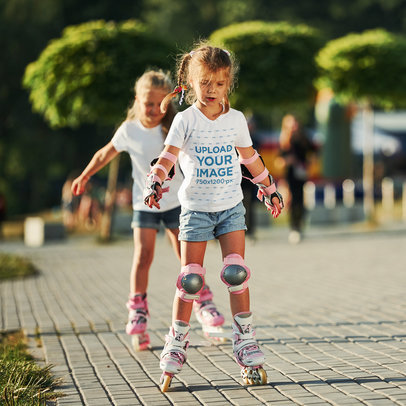 V-Neck Tee of a Girl Riding Roller Skates in the Park