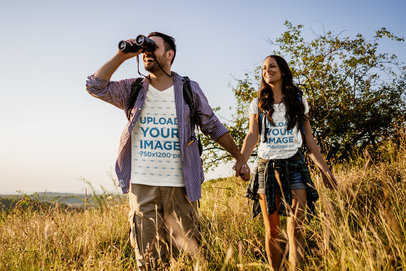 V-Neck T-Shirt Mockup Featuring a Happy Couple Exploring Nature  m5194 r-el2