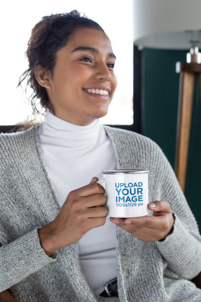 12 oz Enamel Mug Mockup Featuring a Woman with Cozy Garments