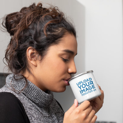 12 oz Enamel Mug Mockup Featuring a Woman Taking a Sip of Coffee