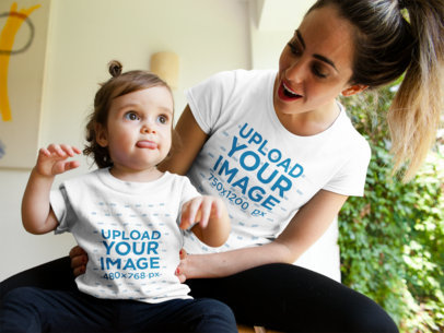 Mockup of a Mom and Baby Girl Wearing Different Tshirts While Talking