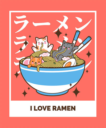 Kawaii T-Shirt Design Template with Delicious-Looking Ramen Graphics