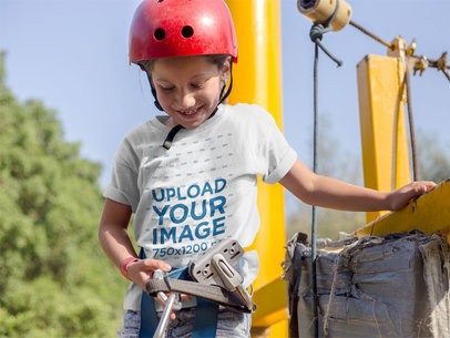 Little White Girl Wearing a T-Shirt Template While About to Use a Zipline a16165