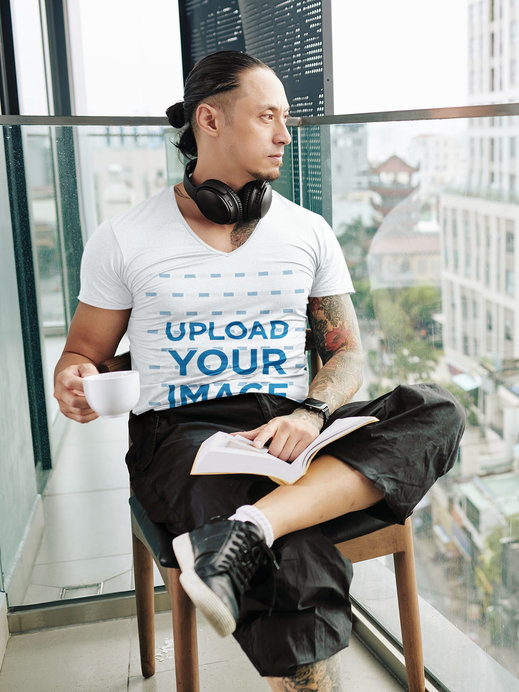 V-Neck Tee Mockup of a Tattooed Man Reading in His Balcony